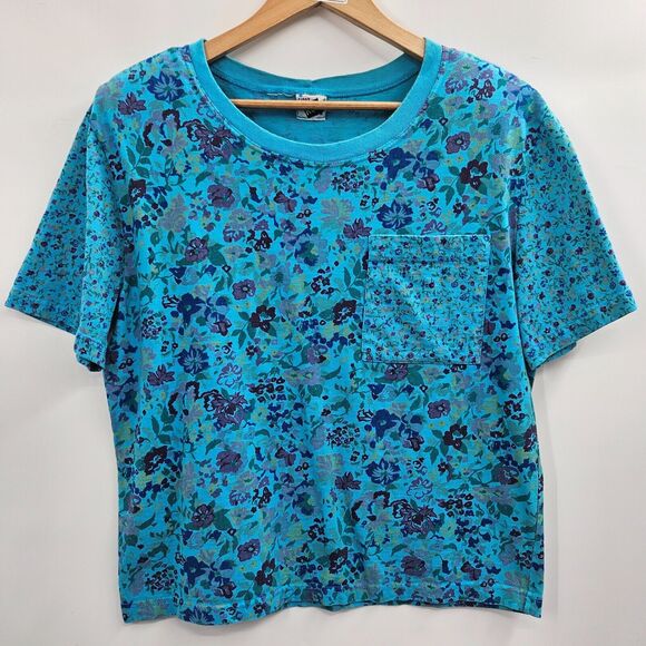 Vintage 80s/90s Blue Floral Print Pocket T-Shirt Size Large Made in USA - Picture 6 of 7